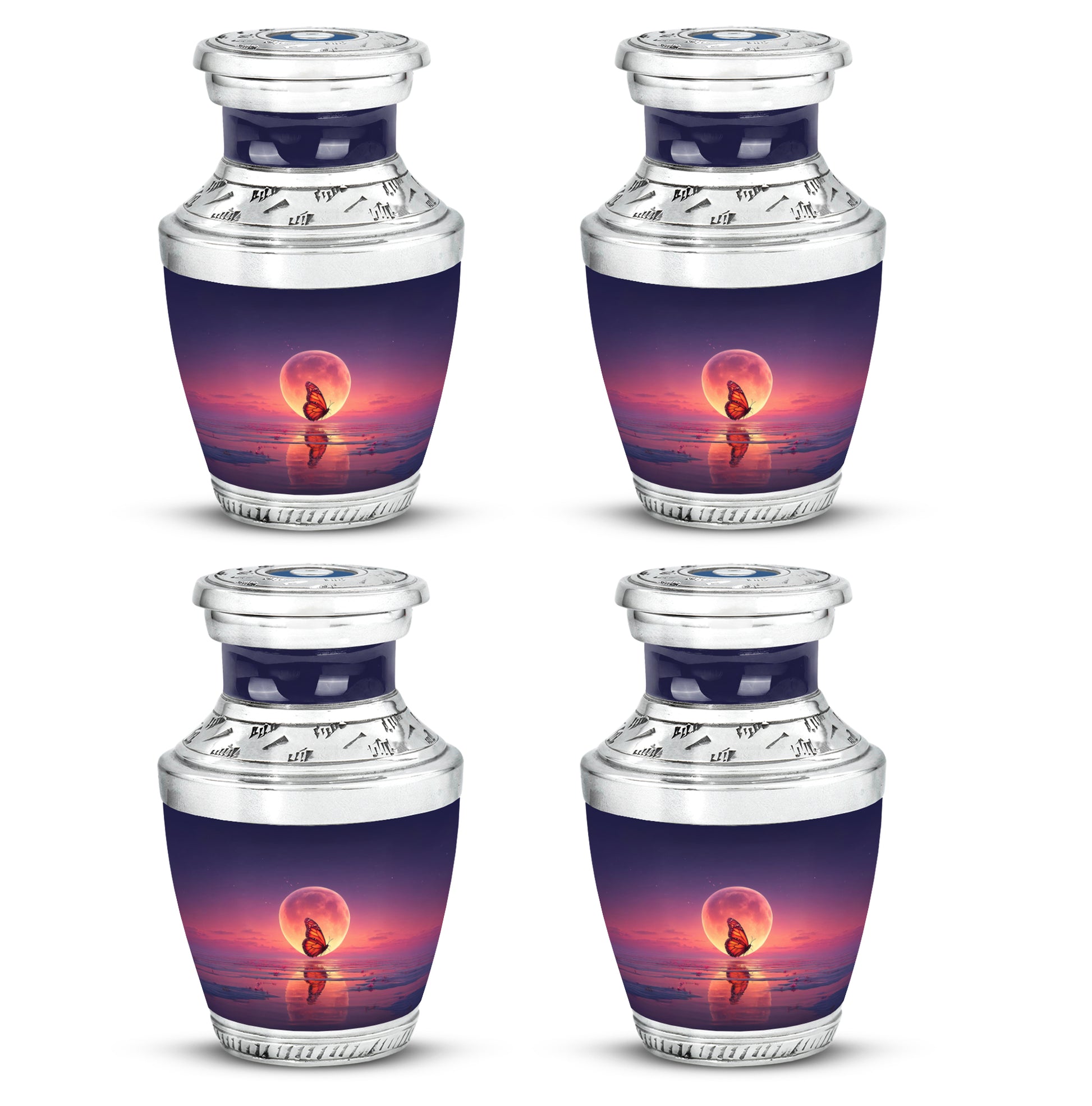 Vivid Blue Butterfly Cremation Urn back view with polished surface - artistic butterfly interpretation with creative detail - 10 inch aluminum urn for cremated remains