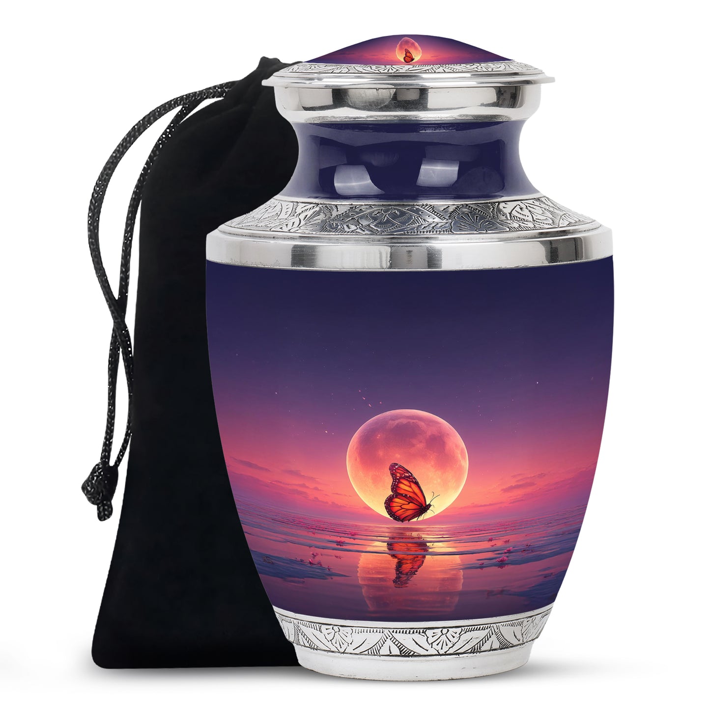 Sapphire Blue Butterfly Cremation Urn side profile showing urn shape - stylized abstract butterfly pattern with bold lines - full-size 10 inch 200 cubic inch adult cremation urn