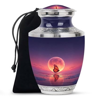 Sapphire Blue Butterfly Cremation Urn side profile showing urn shape - stylized abstract butterfly pattern with bold lines - full-size 10 inch 200 cubic inch adult cremation urn
