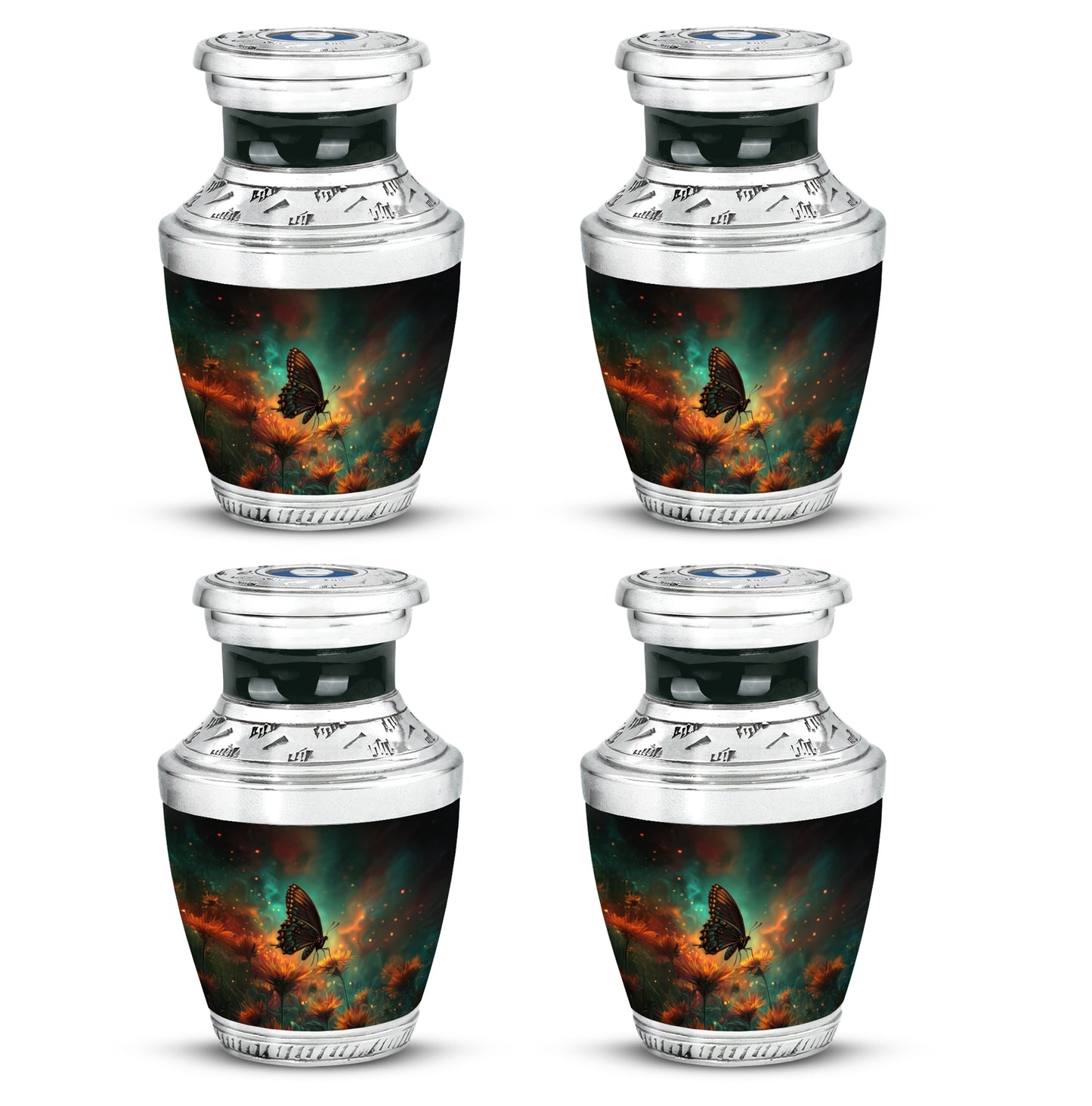 Jewel Teal Butterfly Cremation Urn back view with polished surface - contemporary butterfly design with modern artistic flair - 10 inch aluminum urn for cremated remains