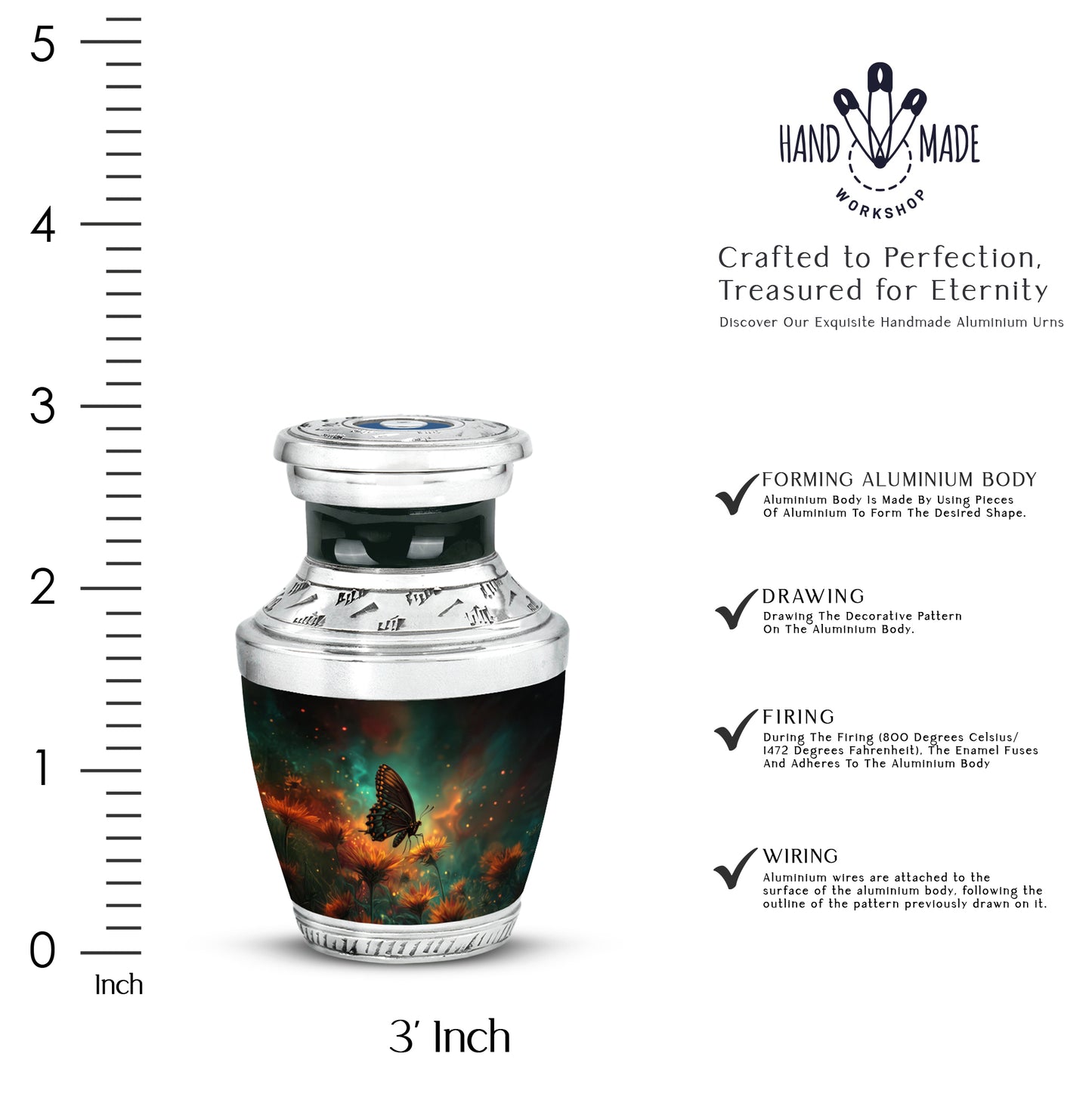 Sea Green Teal Butterfly Cremation Urn top-down view of secure threaded lid - modern art-inspired butterfly motif on sleek aluminum - mini keepsake memorial for portion of cremation ashes