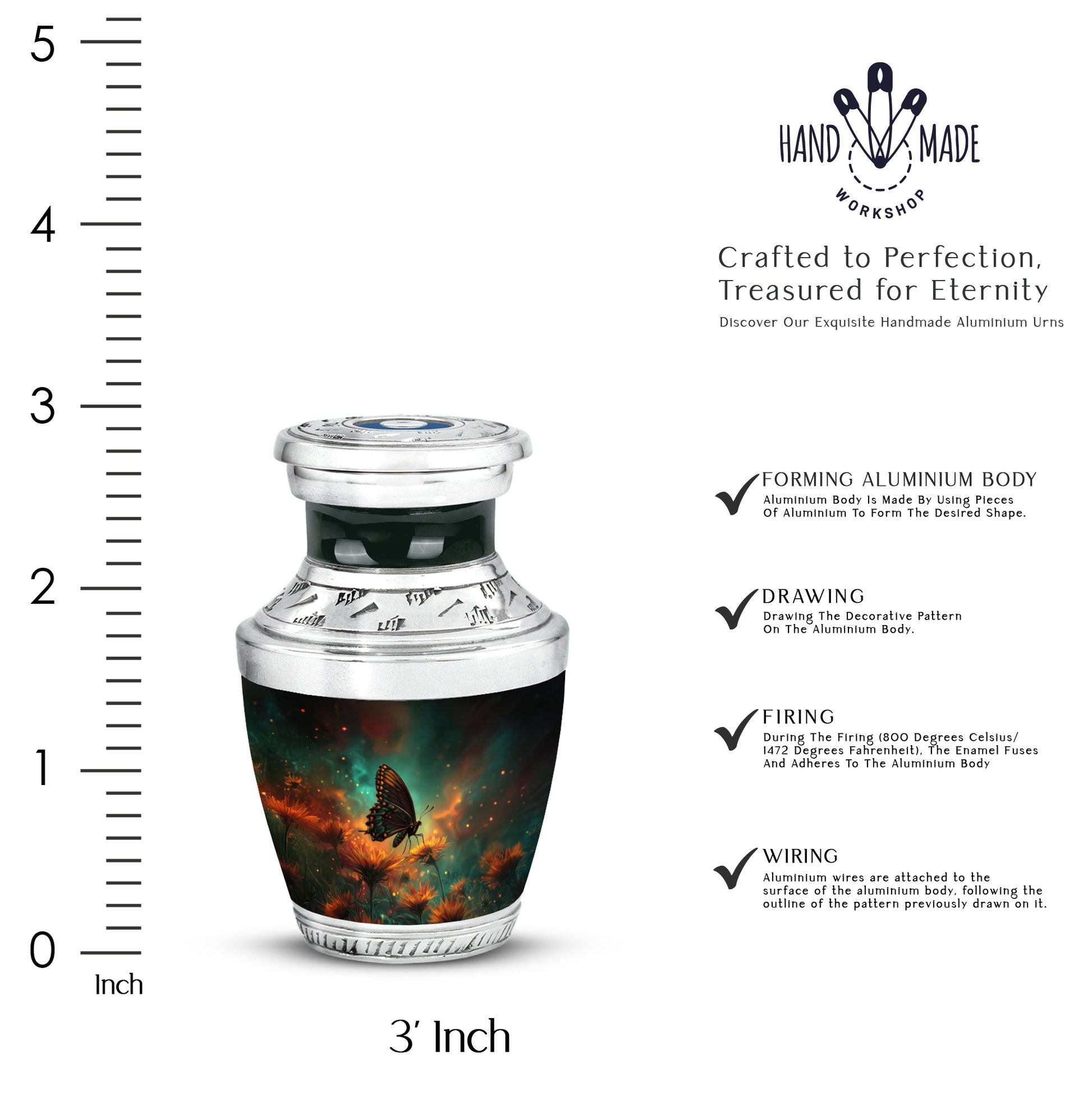 Sea Green Teal Butterfly Cremation Urn top-down view of secure threaded lid - modern art-inspired butterfly motif on sleek aluminum - mini keepsake memorial for portion of cremation ashes