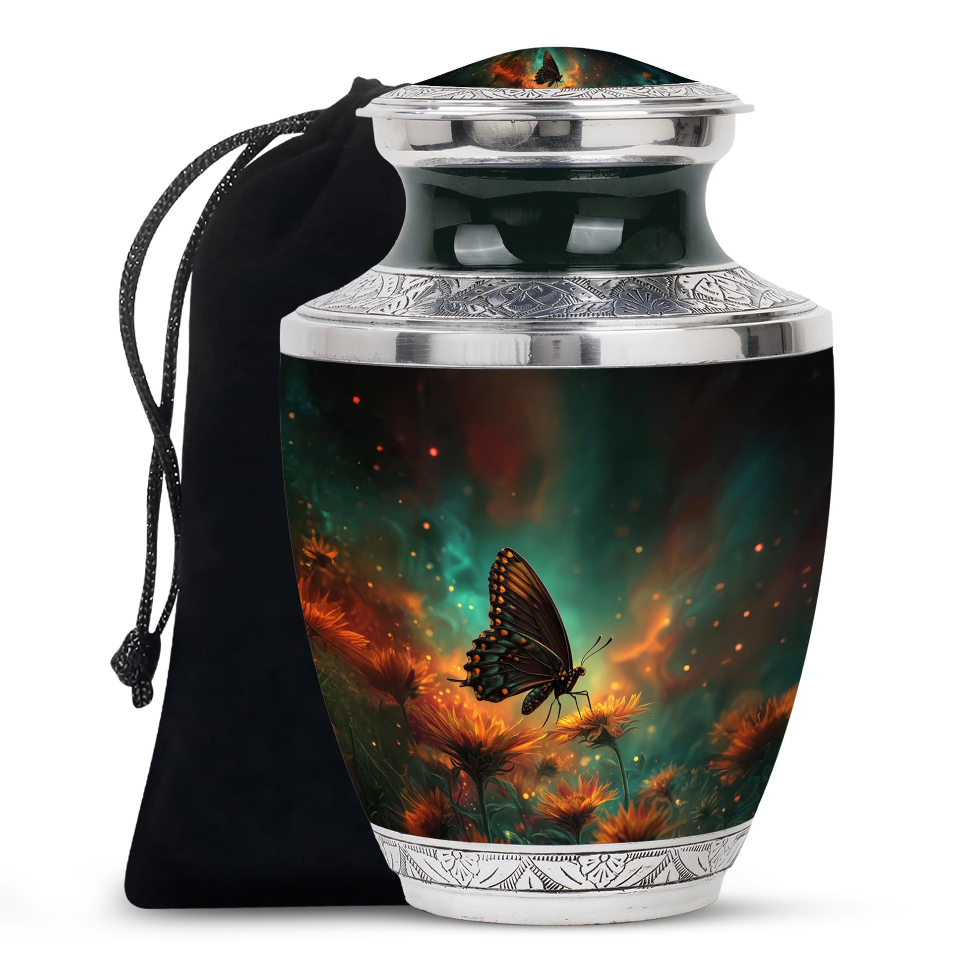 Jewel Teal Butterfly Cremation Urn side profile showing urn shape - modern art-inspired butterfly motif on sleek aluminum - full-size 10 inch 200 cubic inch adult cremation urn