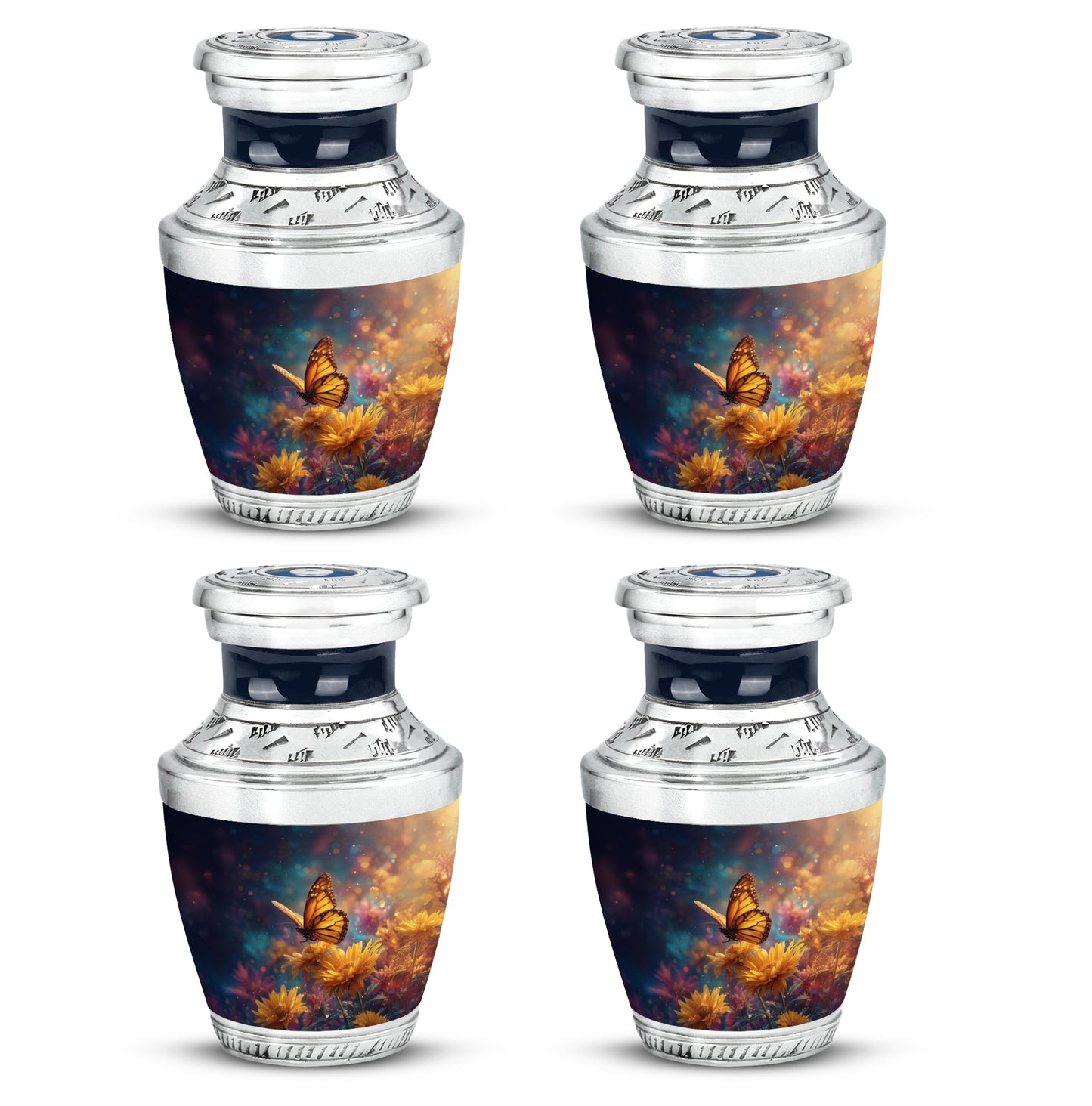 Dusty Blue Butterfly Cremation Urn back view with polished surface - modern art-inspired butterfly motif on sleek aluminum - 10 inch aluminum urn for cremated remains