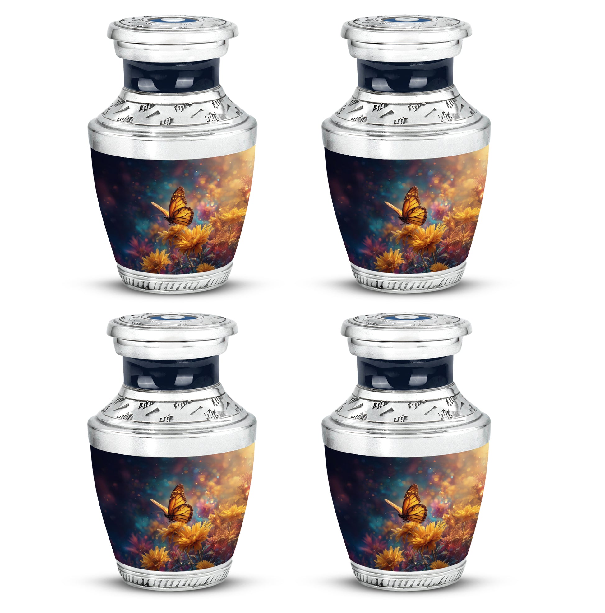 Dusty Blue Butterfly Cremation Urn back view with polished surface - modern art-inspired butterfly motif on sleek aluminum - 10 inch aluminum urn for cremated remains