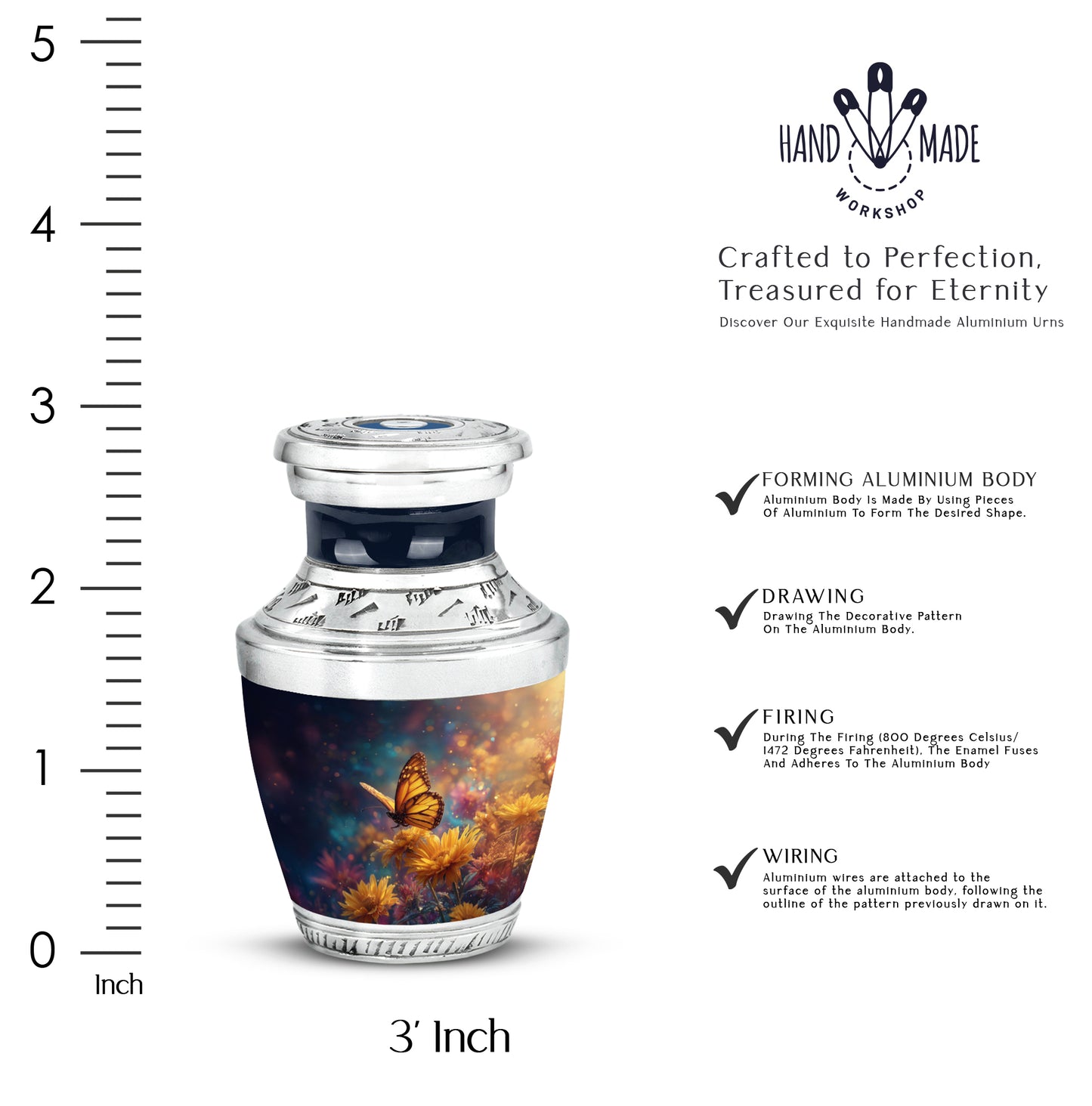 Celestial Blue Butterfly Cremation Urn top-down view of secure threaded lid - contemporary butterfly design with modern artistic flair - mini keepsake memorial for portion of cremation ashes