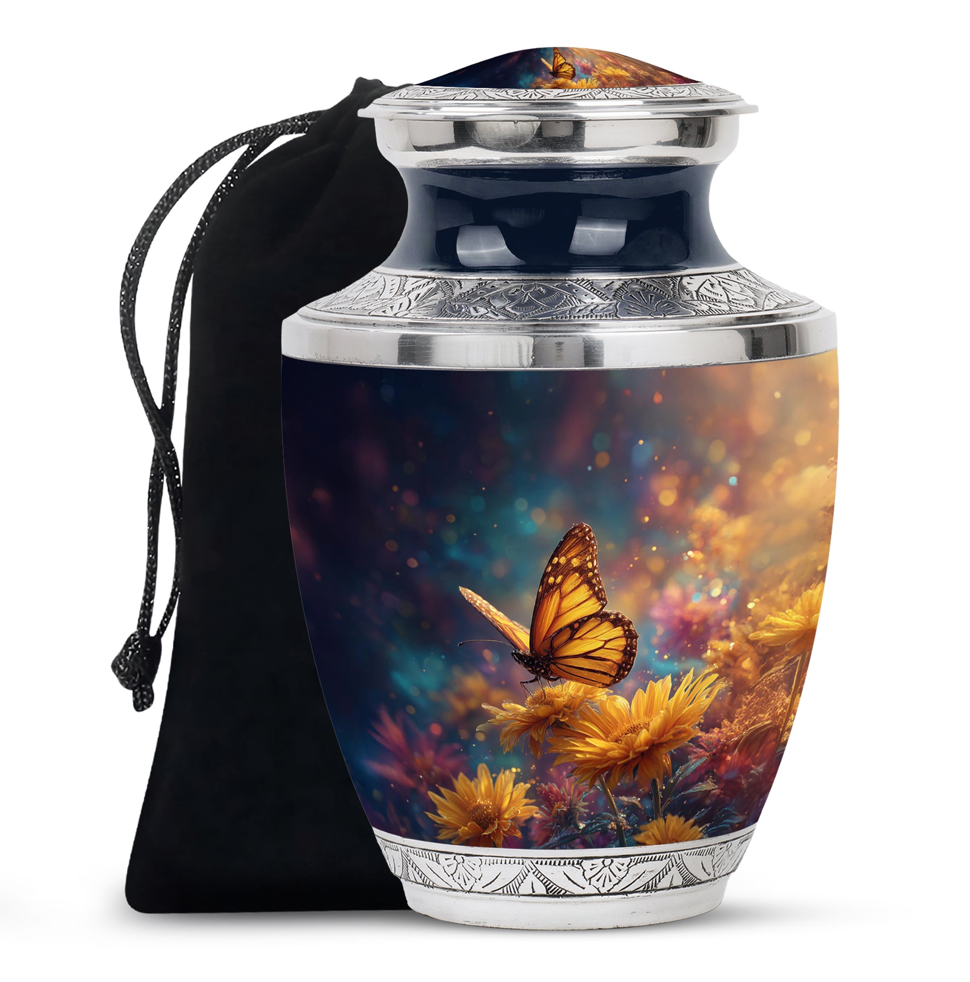 Indigo Butterfly Cremation Urn side profile showing urn shape - contemporary butterfly design with modern artistic flair - full-size 10 inch 200 cubic inch adult cremation urn