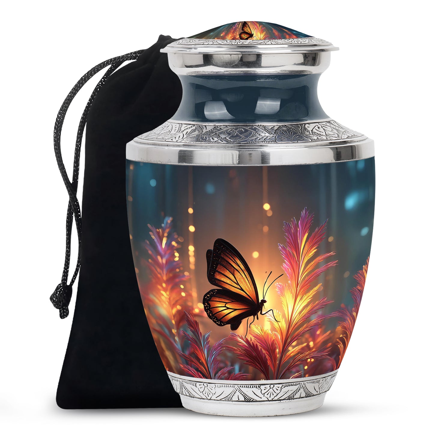 Gilded Gold Butterfly Cremation Urn side profile showing urn shape - modern art-inspired butterfly motif on sleek aluminum - full-size 10 inch 200 cubic inch adult cremation urn