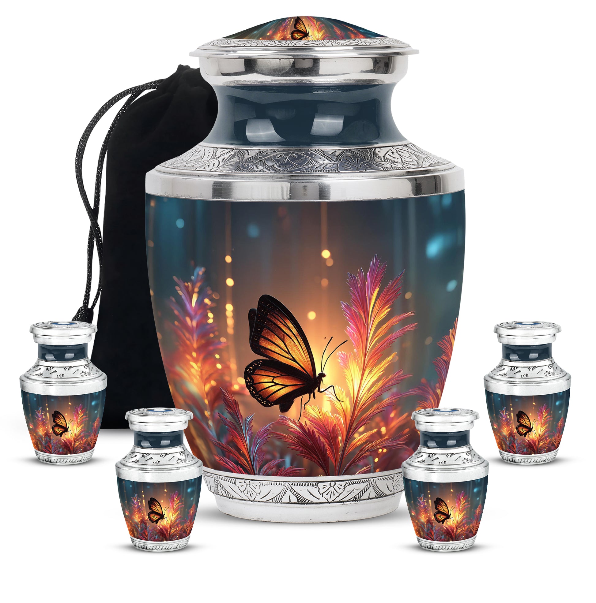 Harvest Gold Butterfly Cremation Urn lifestyle display on memorial shelf - artistic butterfly interpretation with creative detail - memorial set with one large and four small urns