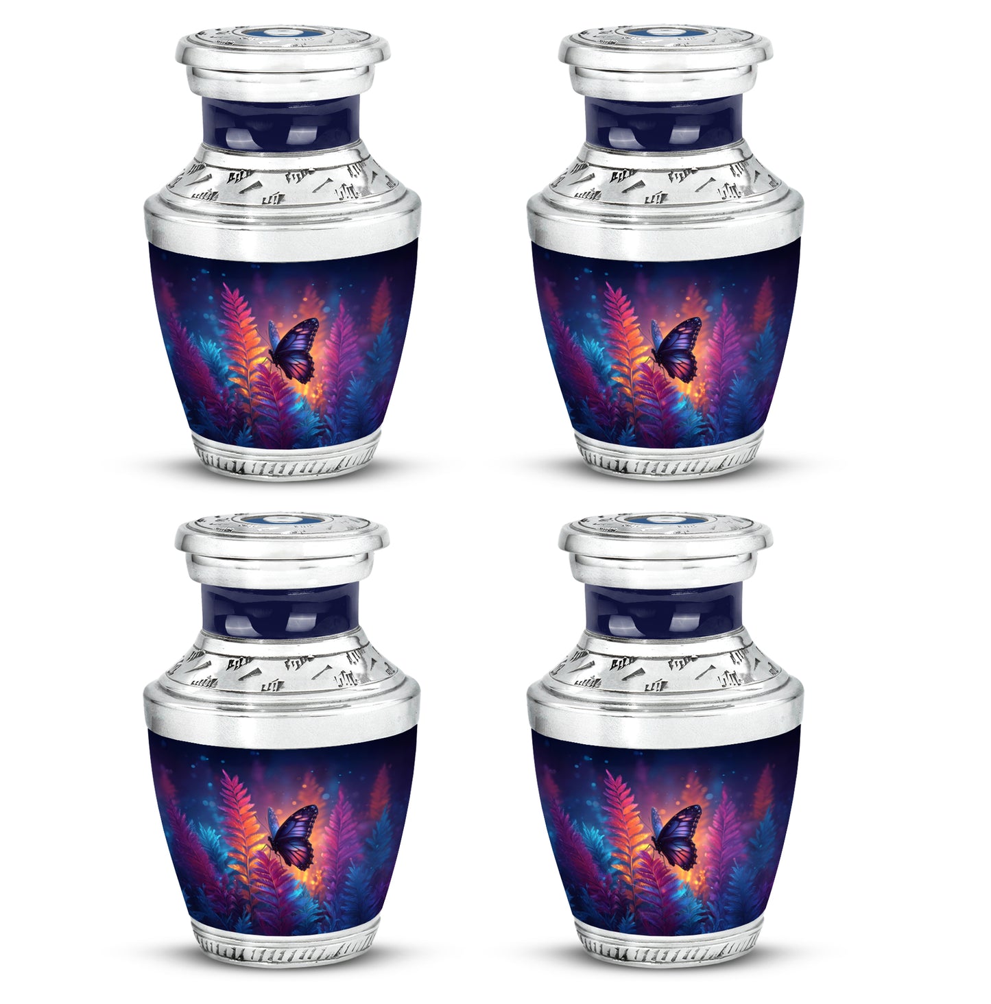 Steel Blue Butterfly Cremation Urn back view with polished surface - artistic butterfly interpretation with creative detail - 10 inch aluminum urn for cremated remains