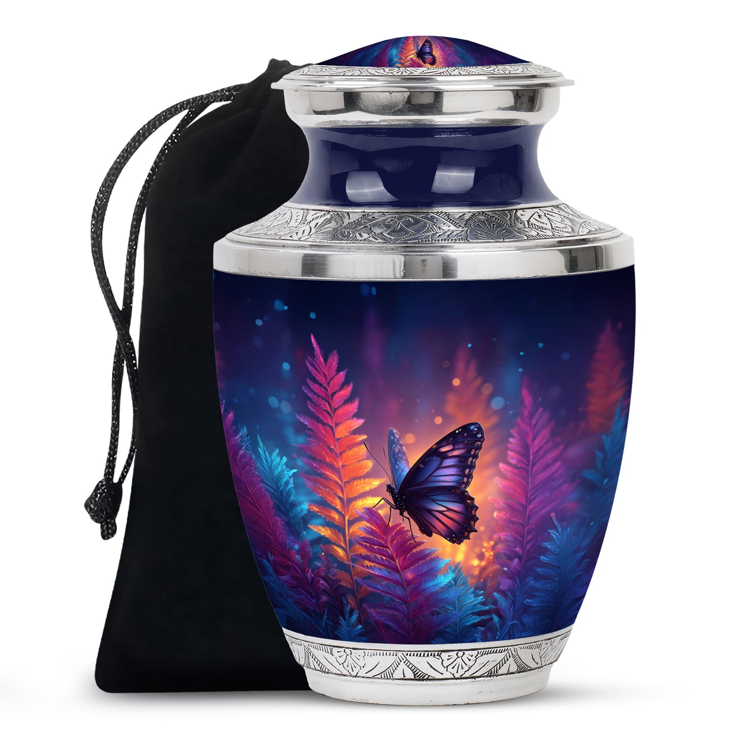 Vivid Blue Butterfly Cremation Urn side profile showing urn shape - artistic butterfly interpretation with creative detail - full-size 10 inch 200 cubic inch adult cremation urn