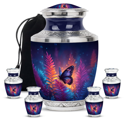 Twilight Blue Butterfly Cremation Urn lifestyle display on memorial shelf - stylized abstract butterfly pattern with bold lines - memorial set with one large and four small urns