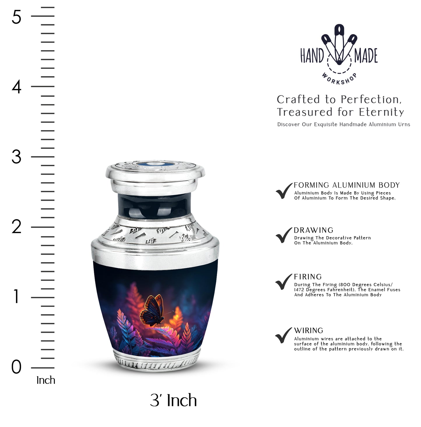 Soft Blue Butterfly Cremation Urn top-down view of secure threaded lid - artistic butterfly interpretation with creative detail - mini keepsake memorial for portion of cremation ashes