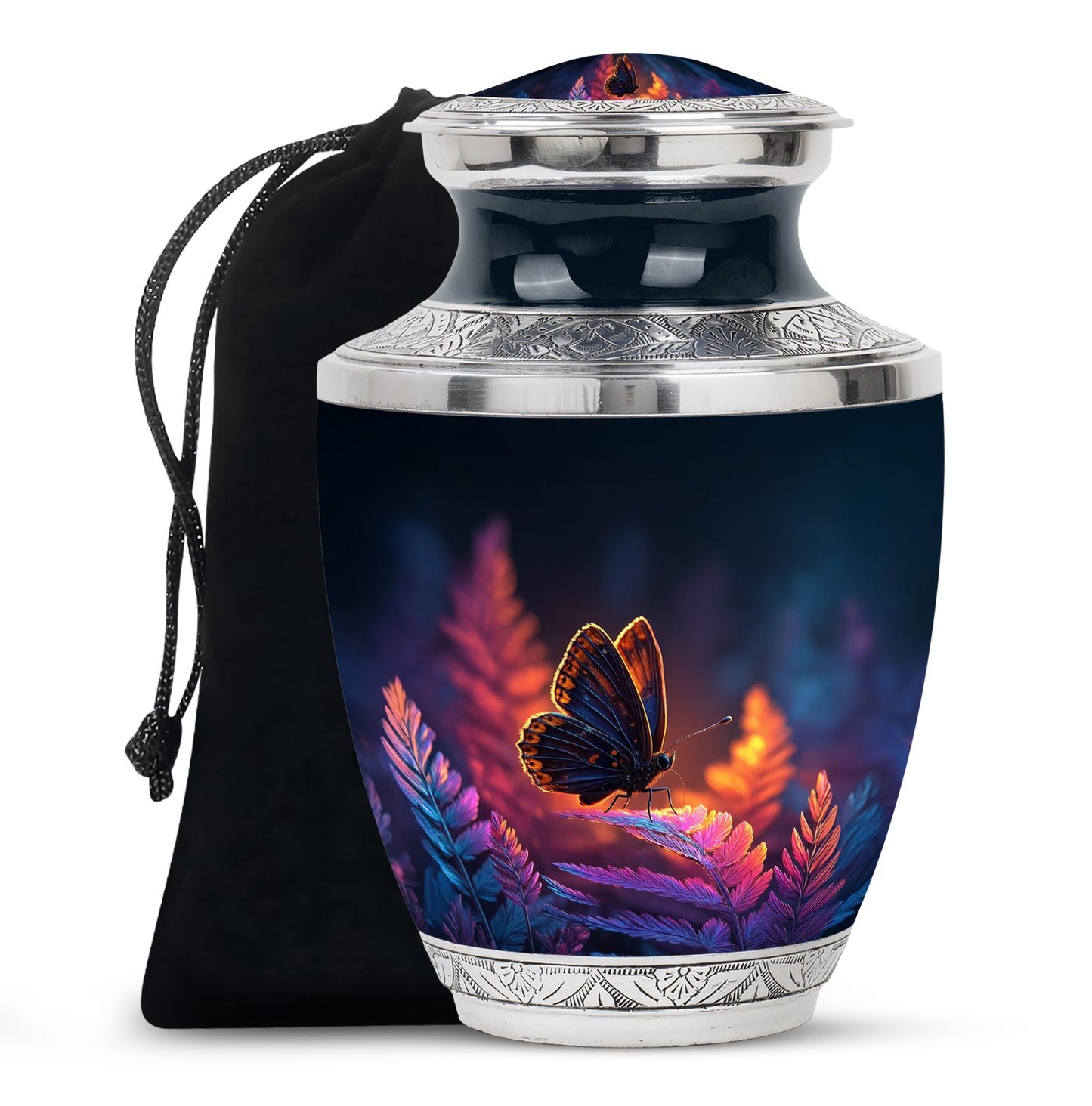 Cobalt Blue Butterfly Cremation Urn side profile showing urn shape - stylized abstract butterfly pattern with bold lines - full-size 10 inch 200 cubic inch adult cremation urn