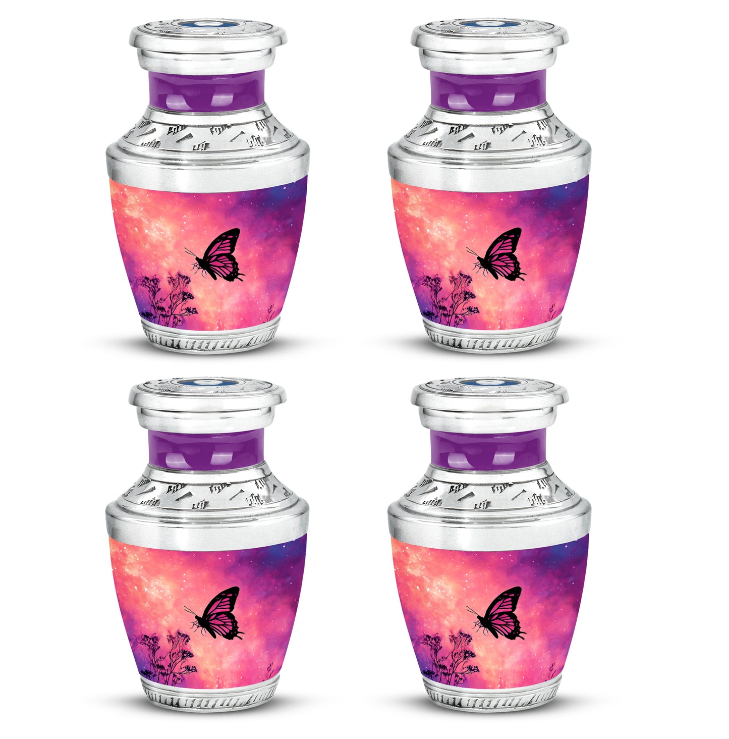 Blush Pink Butterfly Cremation Urn back view with polished surface - modern art-inspired butterfly motif on sleek aluminum - 10 inch aluminum urn for cremated remains