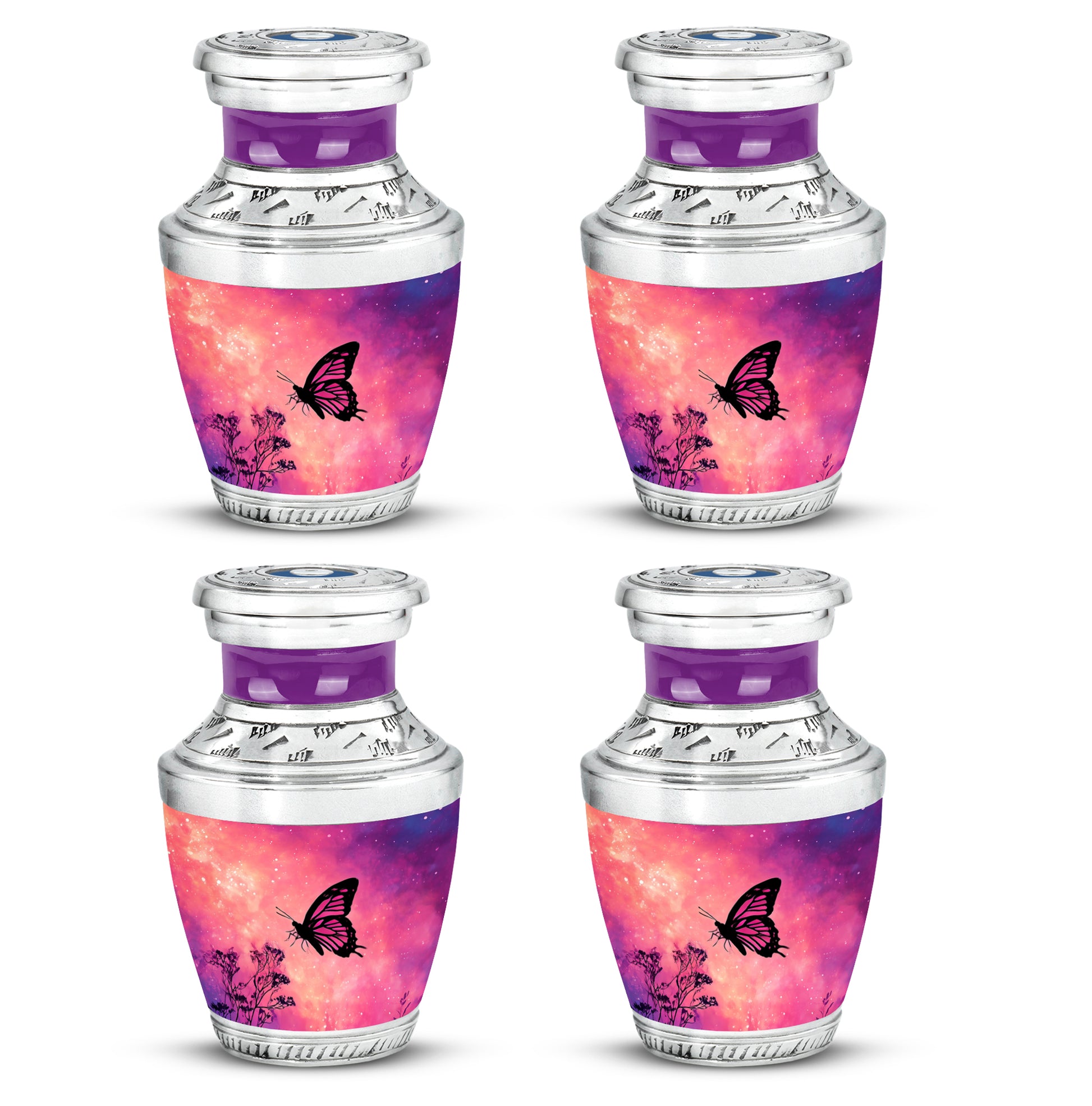 Blush Pink Butterfly Cremation Urn back view with polished surface - modern art-inspired butterfly motif on sleek aluminum - 10 inch aluminum urn for cremated remains