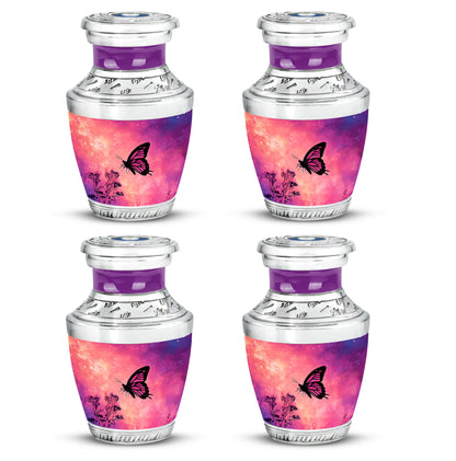Blush Pink Butterfly Cremation Urn back view with polished surface - modern art-inspired butterfly motif on sleek aluminum - 10 inch aluminum urn for cremated remains