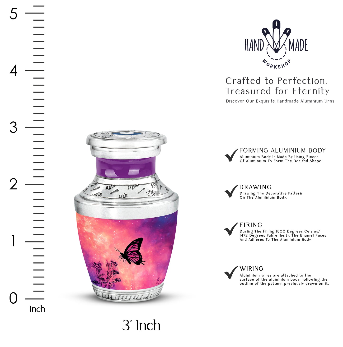 Pastel Pink Butterfly Cremation Urn top-down view of secure threaded lid - modern art-inspired butterfly motif on sleek aluminum - mini keepsake memorial for portion of cremation ashes