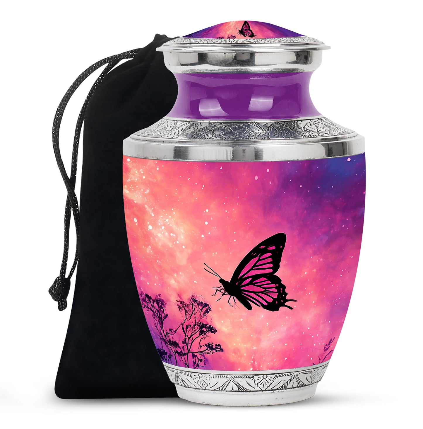 Vintage Pink Butterfly Cremation Urn side profile showing urn shape - artistic butterfly interpretation with creative detail - full-size 10 inch 200 cubic inch adult cremation urn