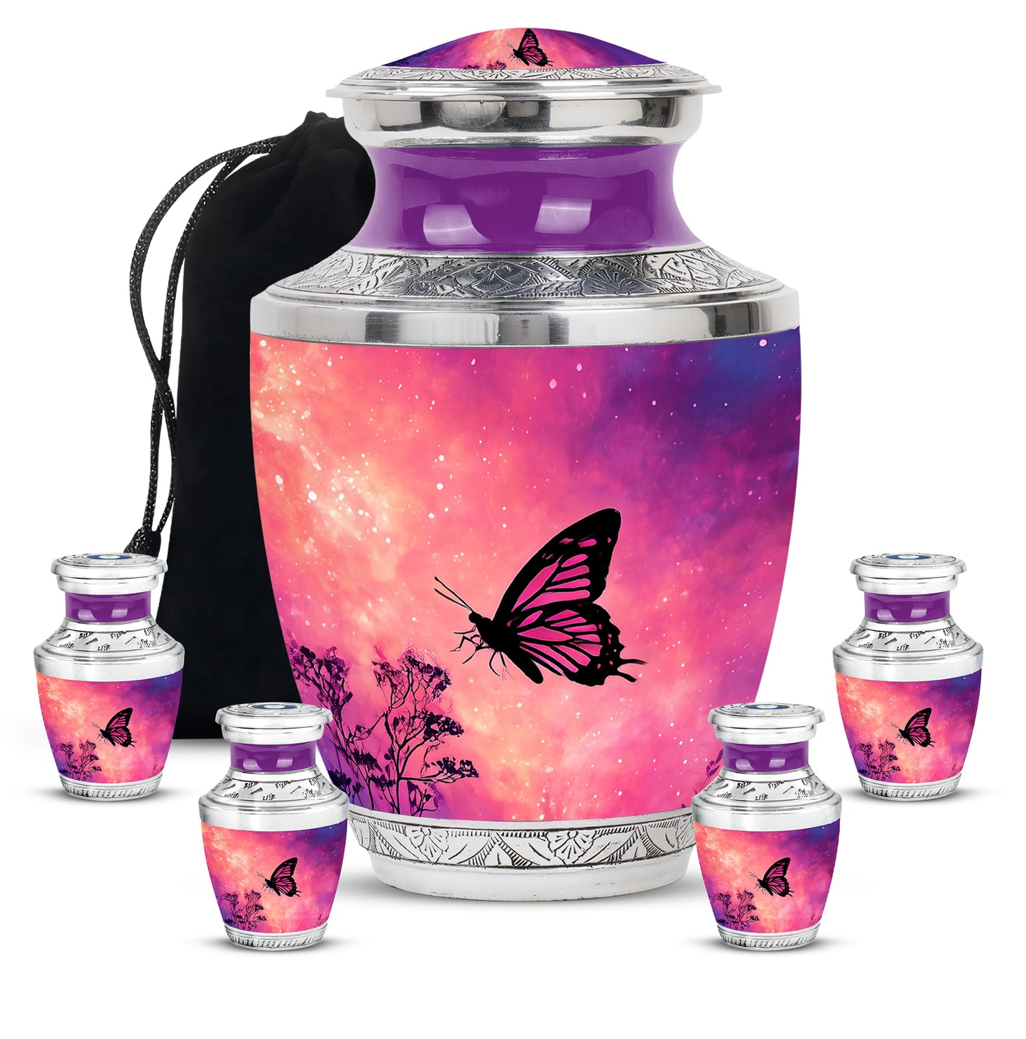 Rose Pink Butterfly Cremation Urn lifestyle display on memorial shelf - modern art-inspired butterfly motif on sleek aluminum - memorial set with one large and four small urns