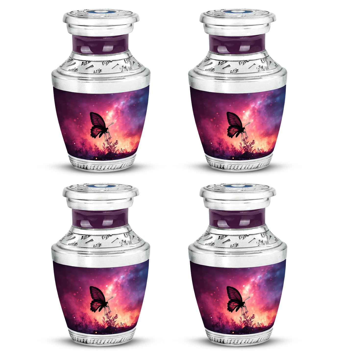 Blush Pink Butterfly Cremation Urn back view with polished surface - modern art-inspired butterfly motif on sleek aluminum - 10 inch aluminum urn for cremated remains