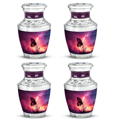 Blush Pink Butterfly Cremation Urn back view with polished surface - modern art-inspired butterfly motif on sleek aluminum - 10 inch aluminum urn for cremated remains