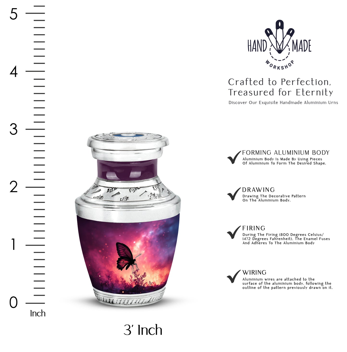 Dusty Pink Butterfly Cremation Urn top-down view of secure threaded lid - artistic butterfly interpretation with creative detail - mini keepsake memorial for portion of cremation ashes