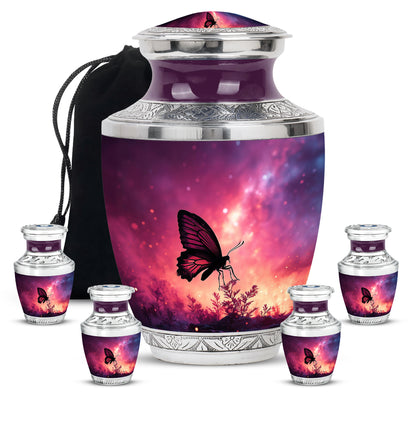 Vintage Pink Butterfly Cremation Urn lifestyle display on memorial shelf - artistic butterfly interpretation with creative detail - memorial set with one large and four small urns
