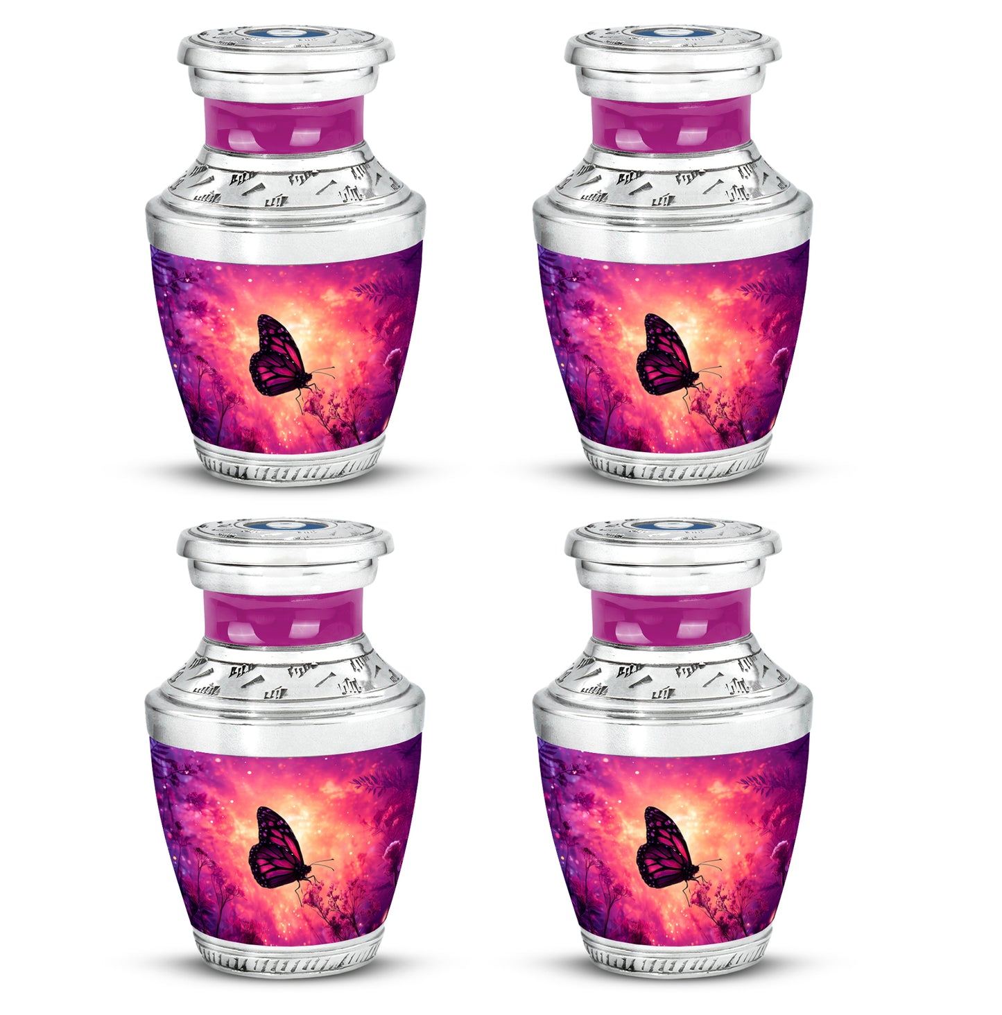 Vintage Pink Butterfly Cremation Urn back view with polished surface - stylized abstract butterfly pattern with bold lines - 10 inch aluminum urn for cremated remains