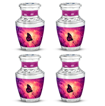 Vintage Pink Butterfly Cremation Urn back view with polished surface - stylized abstract butterfly pattern with bold lines - 10 inch aluminum urn for cremated remains