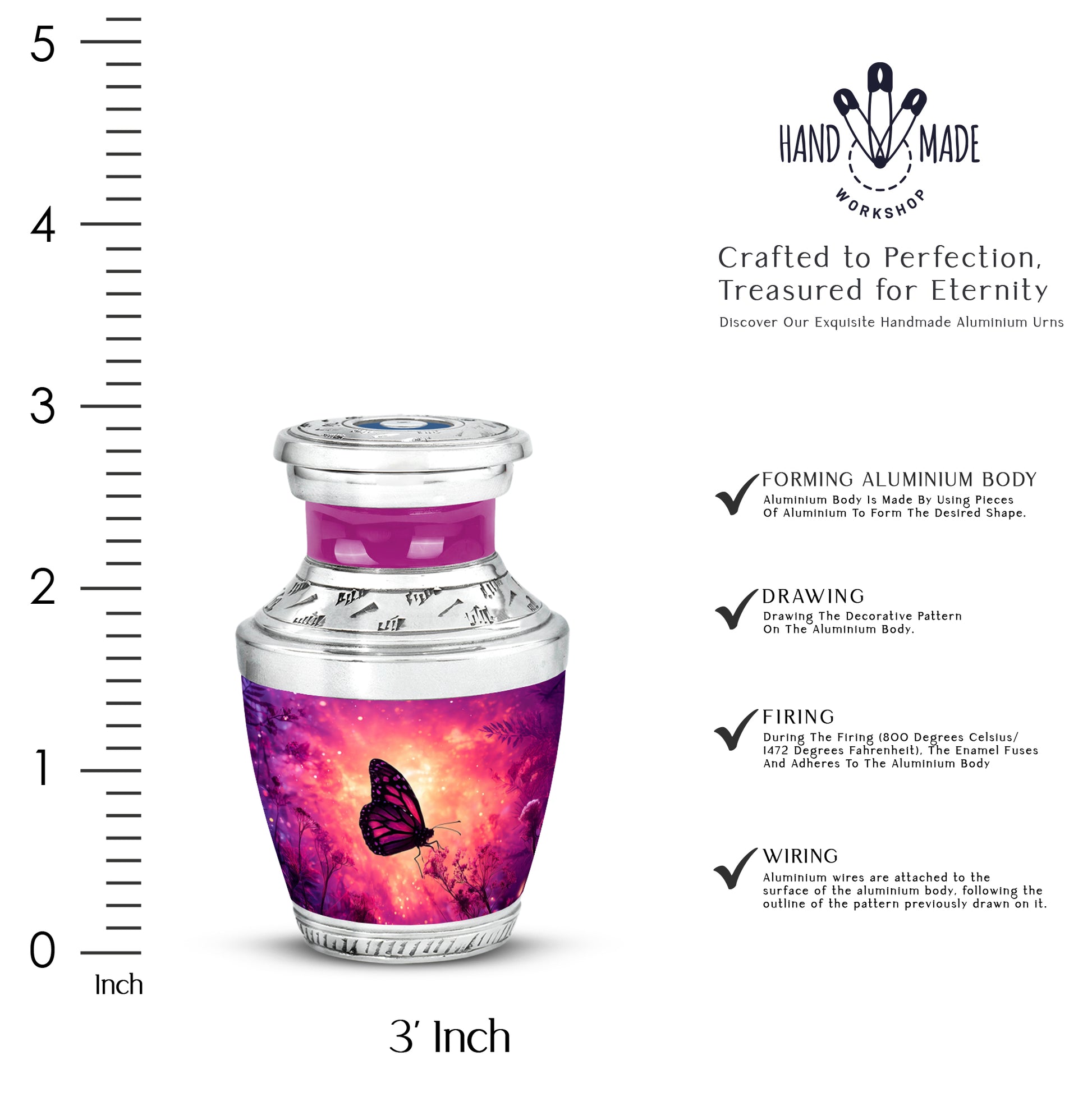 Dusty Pink Butterfly Cremation Urn top-down view of secure threaded lid - artistic butterfly interpretation with creative detail - mini keepsake memorial for portion of cremation ashes