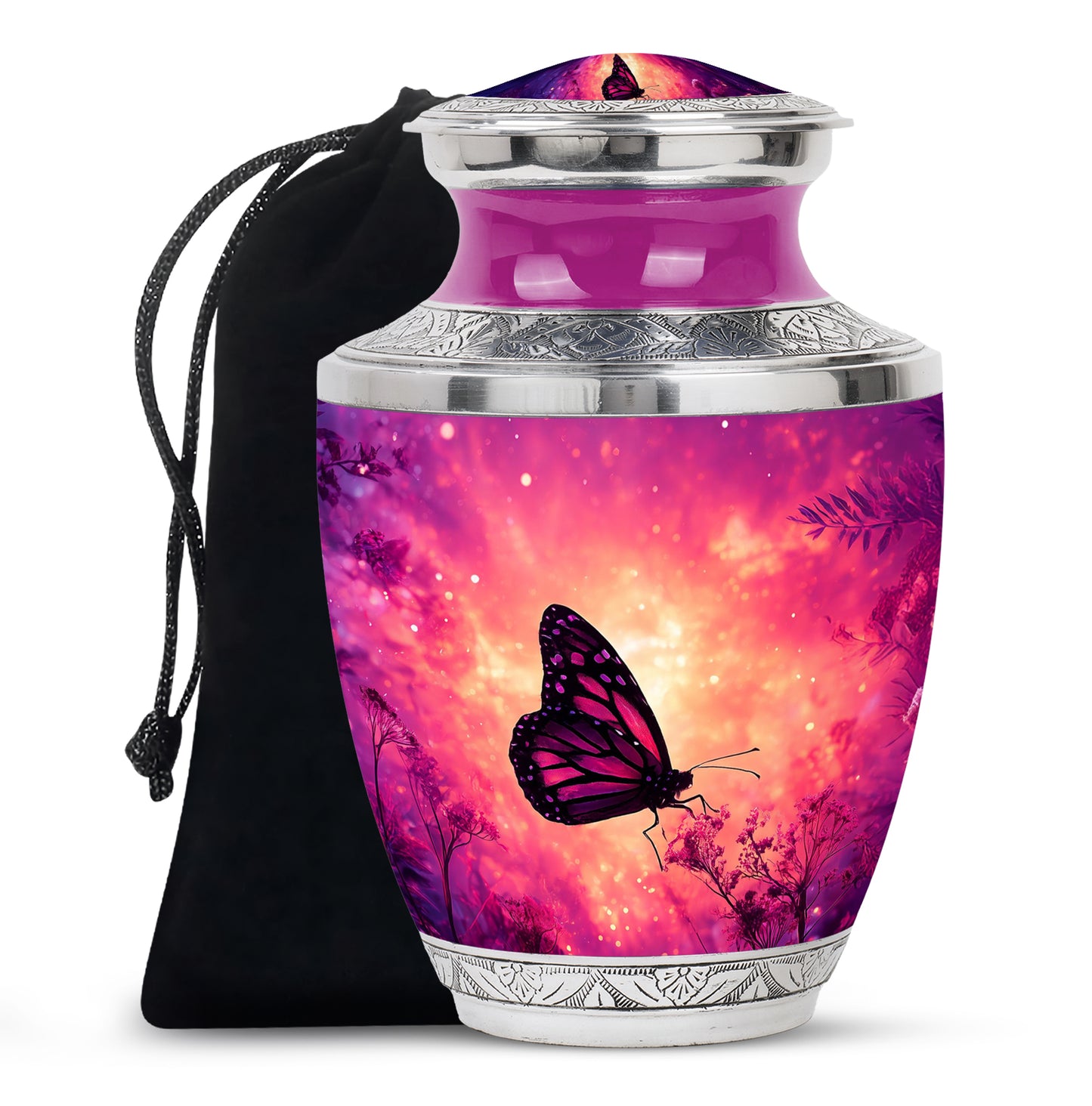 Vintage Pink Butterfly Cremation Urn side profile showing urn shape - artistic butterfly interpretation with creative detail - full-size 10 inch 200 cubic inch adult cremation urn