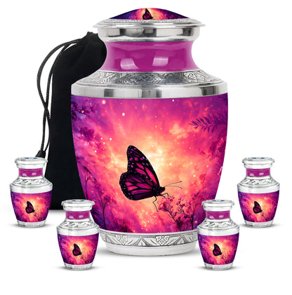 Peony Pink Butterfly Cremation Urn lifestyle display on memorial shelf - modern art-inspired butterfly motif on sleek aluminum - memorial set with one large and four small urns
