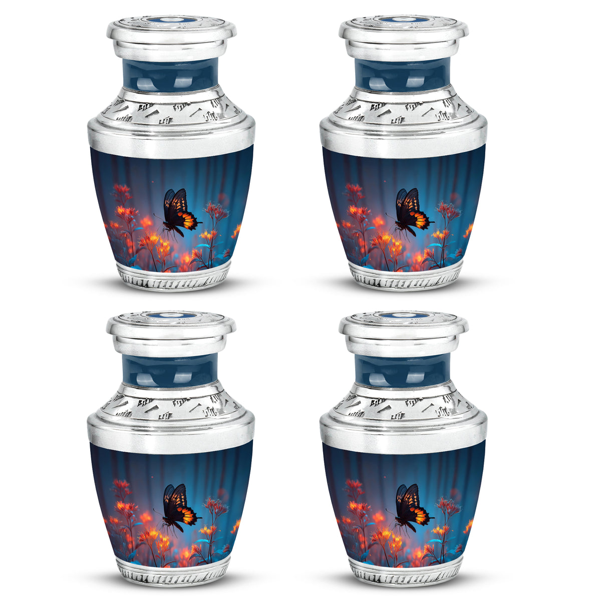 Vivid Blue Butterfly Cremation Urn back view with polished surface - stylized abstract butterfly pattern with bold lines - 10 inch aluminum urn for cremated remains