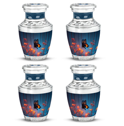 Vivid Blue Butterfly Cremation Urn back view with polished surface - stylized abstract butterfly pattern with bold lines - 10 inch aluminum urn for cremated remains