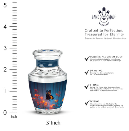 Cornflower Blue Butterfly Cremation Urn top-down view of secure threaded lid - stylized abstract butterfly pattern with bold lines - mini keepsake memorial for portion of cremation ashes