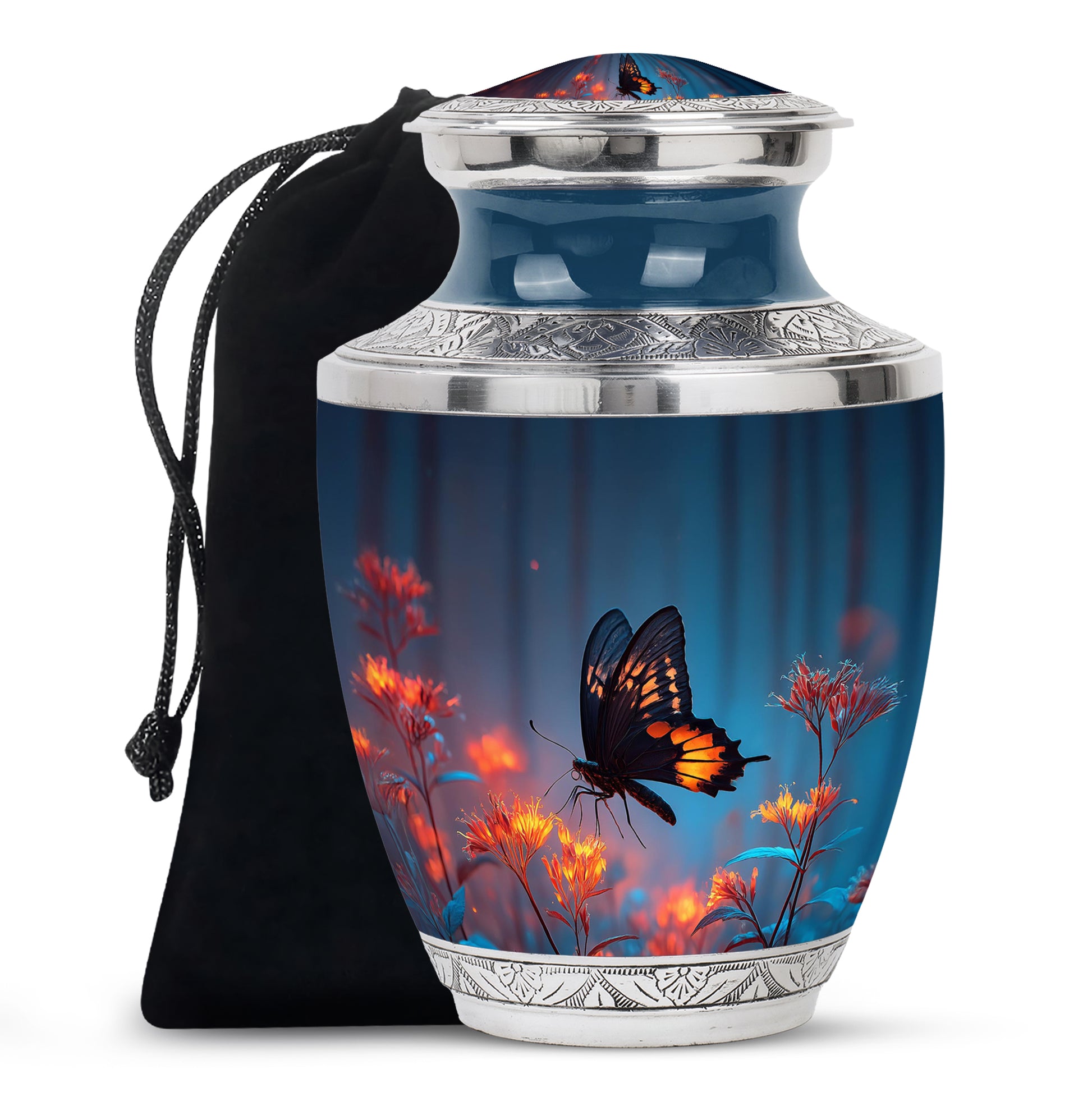 Royal Blue Butterfly Cremation Urn side profile showing urn shape - stylized abstract butterfly pattern with bold lines - full-size 10 inch 200 cubic inch adult cremation urn