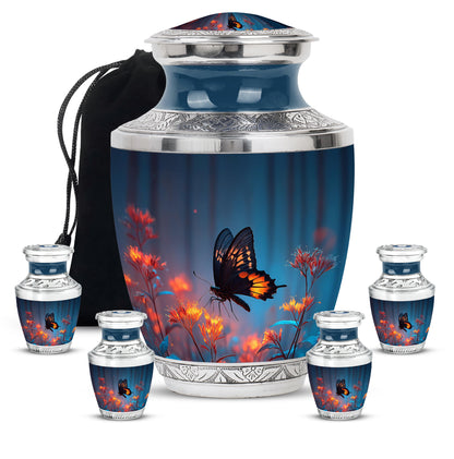 Dusty Blue Butterfly Cremation Urn lifestyle display on memorial shelf - modern art-inspired butterfly motif on sleek aluminum - memorial set with one large and four small urns