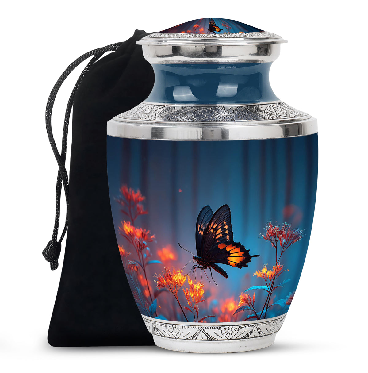 Royal Blue Butterfly Cremation Urn side profile showing urn shape - stylized abstract butterfly pattern with bold lines - full-size 10 inch 200 cubic inch adult cremation urn