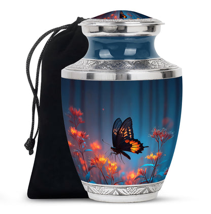 Royal Blue Butterfly Cremation Urn side profile showing urn shape - stylized abstract butterfly pattern with bold lines - full-size 10 inch 200 cubic inch adult cremation urn