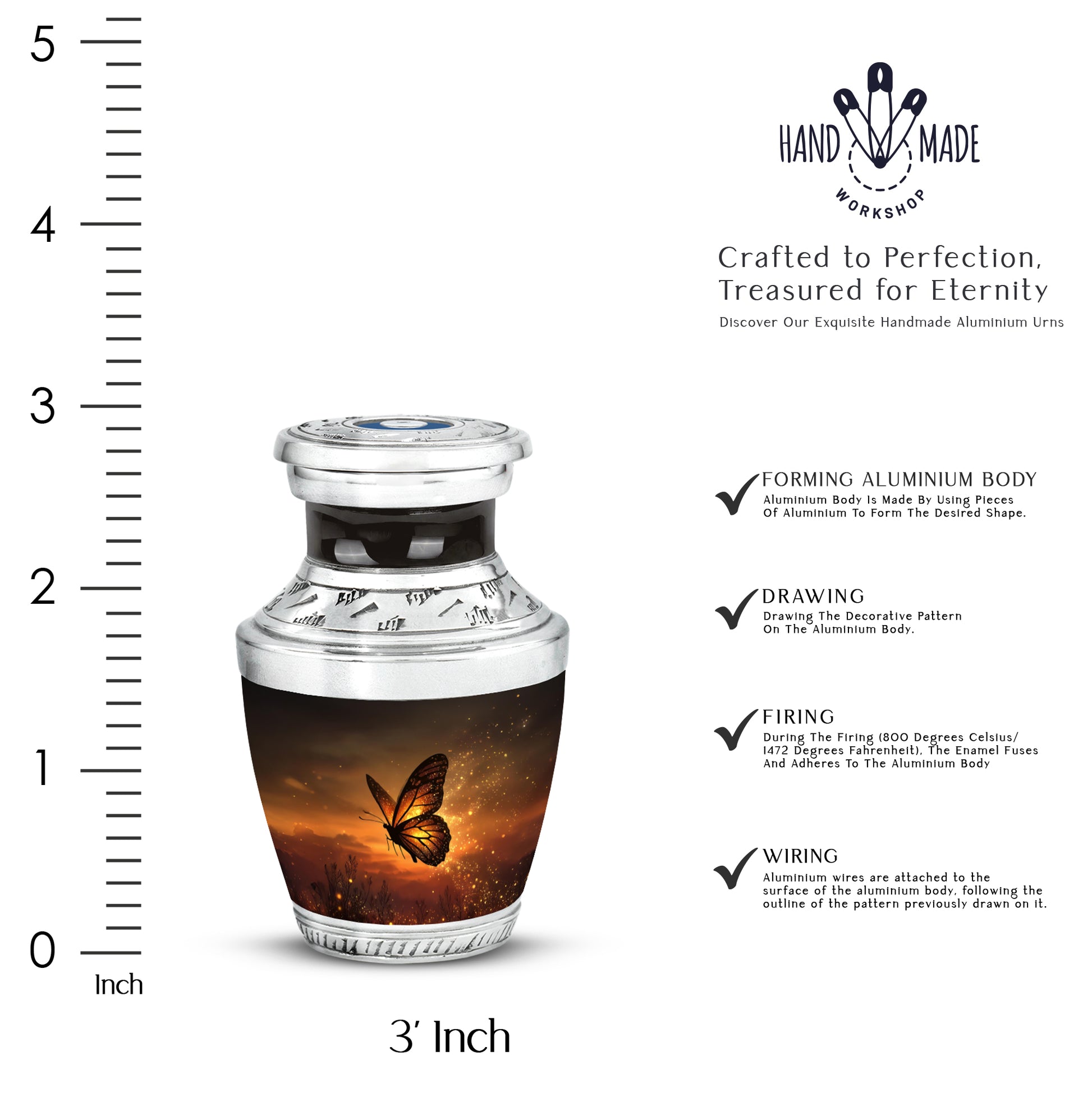 Matte Gold Butterfly Cremation Urn top-down view of secure threaded lid - artistic butterfly interpretation with creative detail - mini keepsake memorial for portion of cremation ashes