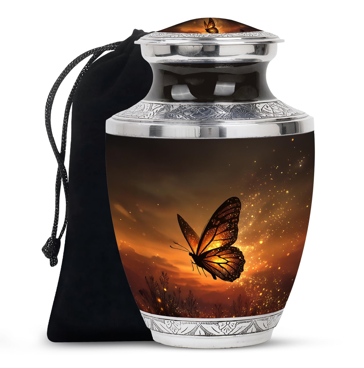 Burnished Gold Butterfly Cremation Urn side profile showing urn shape - stylized abstract butterfly pattern with bold lines - full-size 10 inch 200 cubic inch adult cremation urn