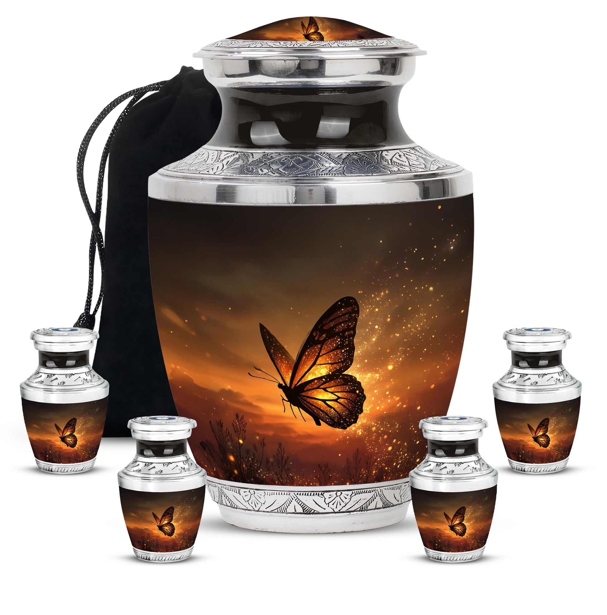 Burnished Gold Butterfly Cremation Urn lifestyle display on memorial shelf - stylized abstract butterfly pattern with bold lines - memorial set with one large and four small urns