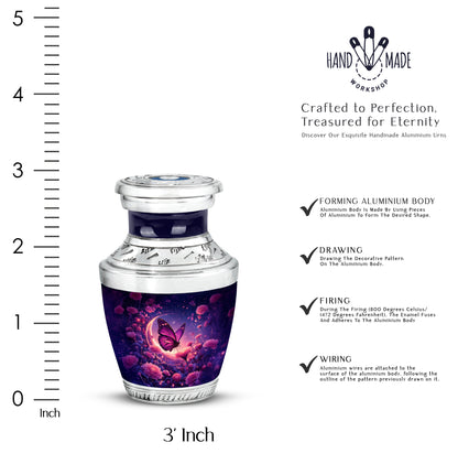 Navy Blue Butterfly Cremation Urn top-down view of secure threaded lid - modern art-inspired butterfly motif on sleek aluminum - mini keepsake memorial for portion of cremation ashes