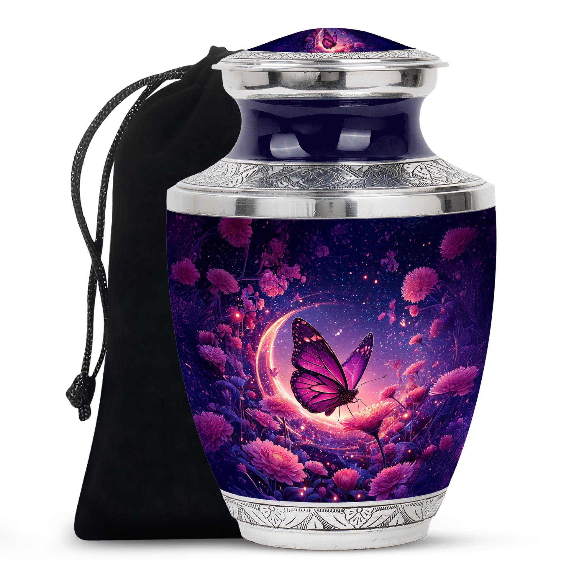 Steel Blue Butterfly Cremation Urn side profile showing urn shape - artistic butterfly interpretation with creative detail - full-size 10 inch 200 cubic inch adult cremation urn