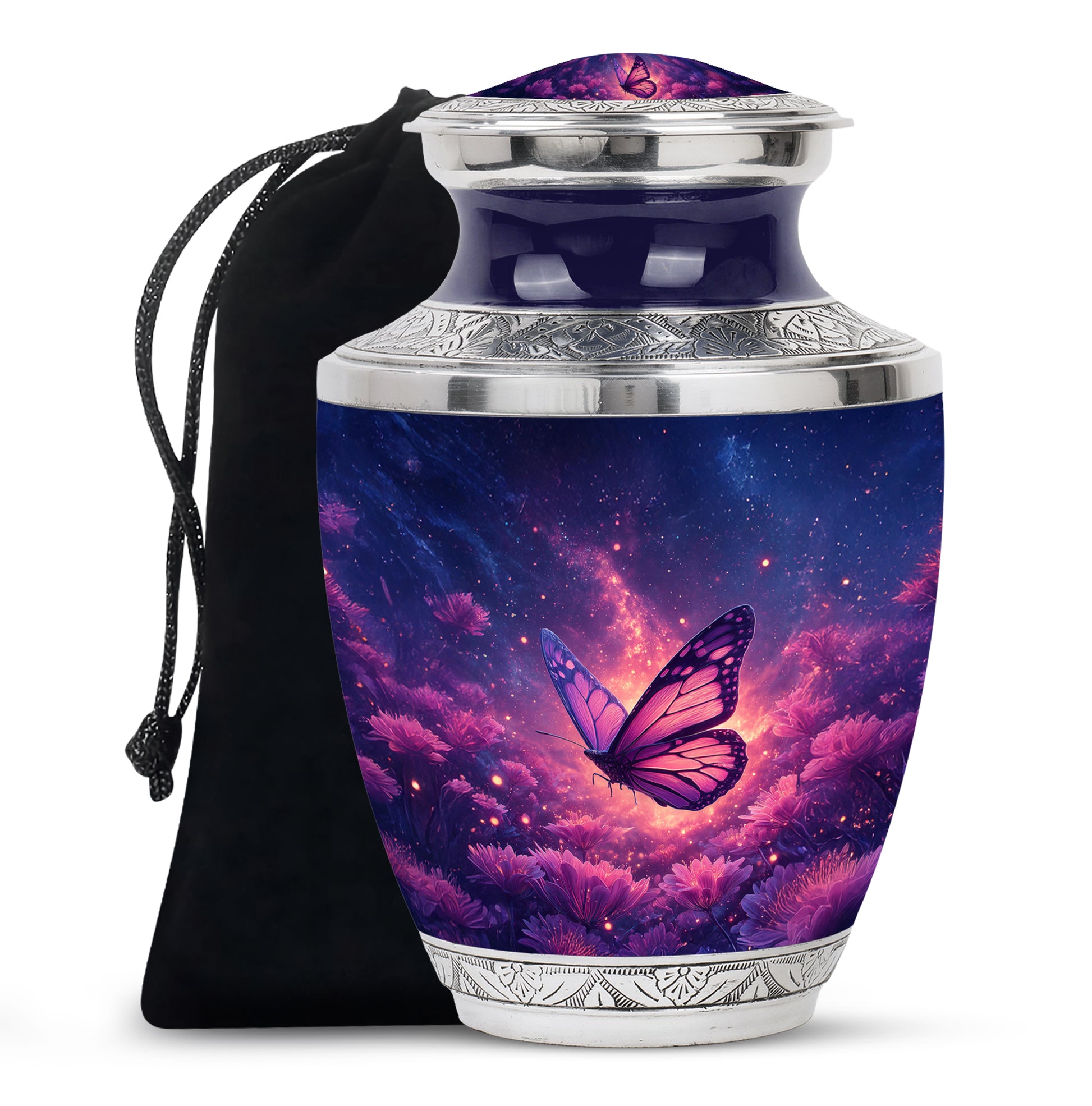 Royal Blue Butterfly Cremation Urn side profile showing urn shape - stylized abstract butterfly pattern with bold lines - full-size 10 inch 200 cubic inch adult cremation urn