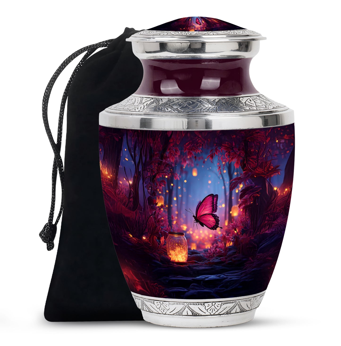 Navy Blue Butterfly Cremation Urn side profile showing urn shape - contemporary butterfly design with modern artistic flair - full-size 10 inch 200 cubic inch adult cremation urn