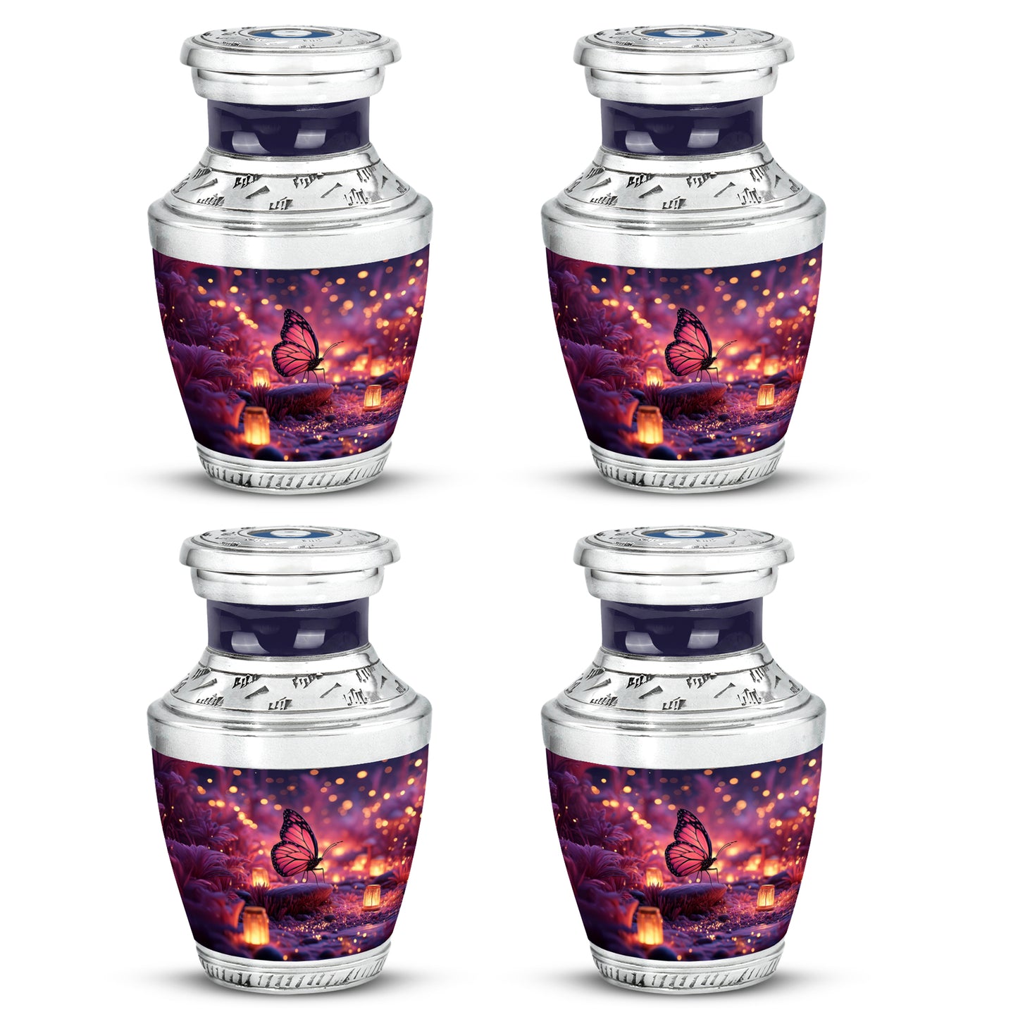Twilight Blue Butterfly Cremation Urn back view with polished surface - artistic butterfly interpretation with creative detail - 10 inch aluminum urn for cremated remains