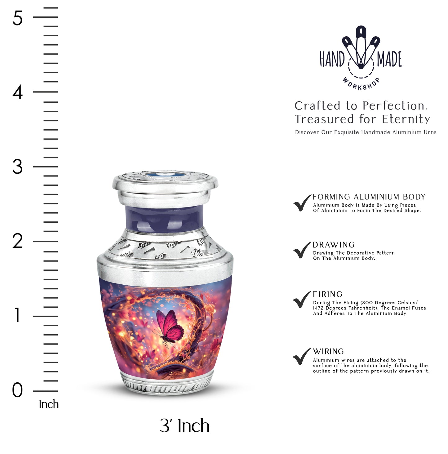 Soft Blue Butterfly Cremation Urn top-down view of secure threaded lid - artistic butterfly interpretation with creative detail - mini keepsake memorial for portion of cremation ashes