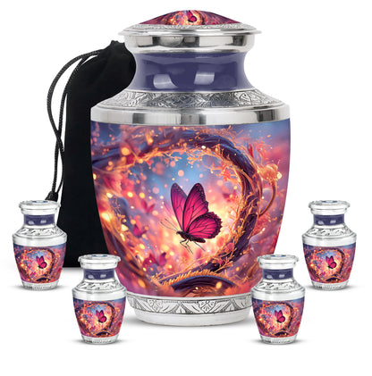 Twilight Blue Butterfly Cremation Urn lifestyle display on memorial shelf - stylized abstract butterfly pattern with bold lines - memorial set with one large and four small urns